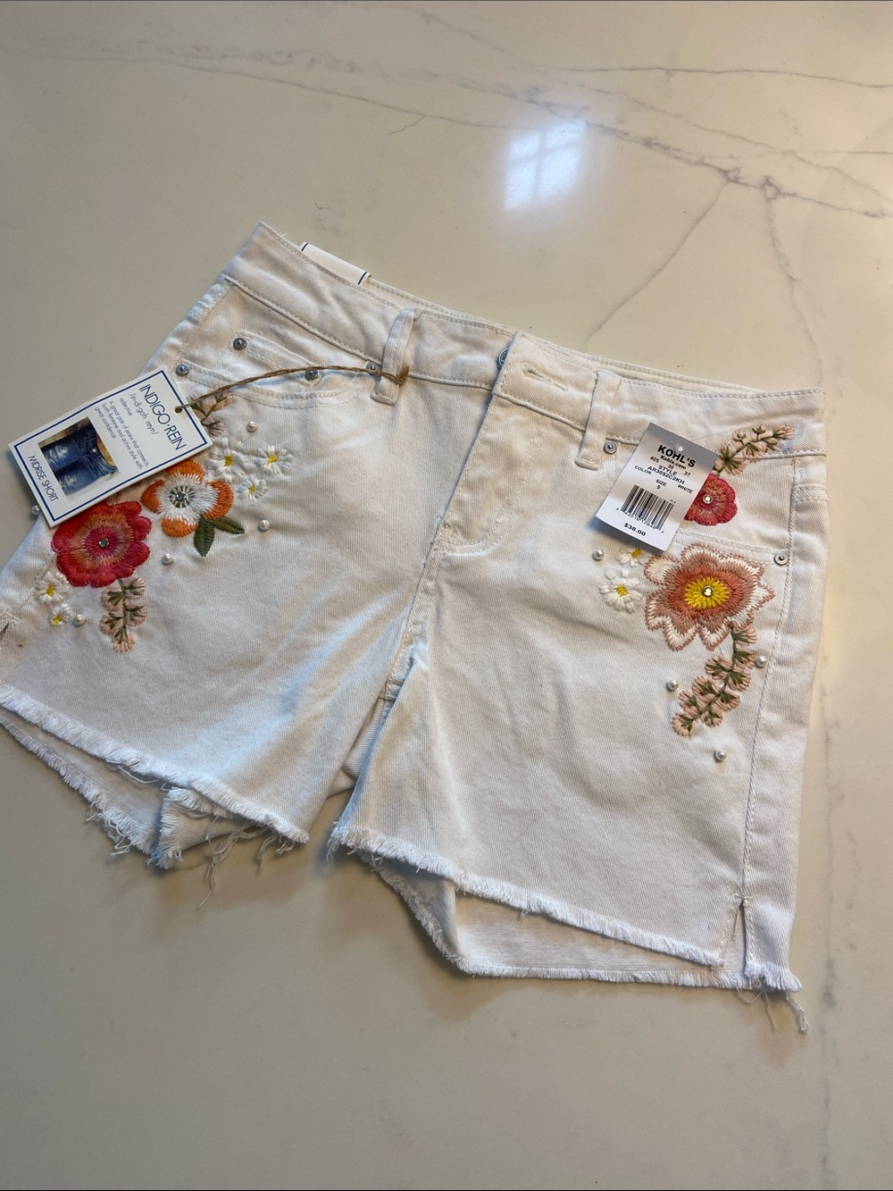 Indigo Rein White Denim Shorts with Floral Embroidery